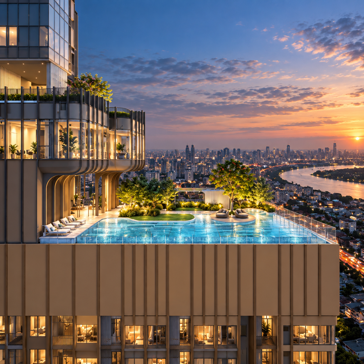 Elevated infinity pool overlooking the Chao Phraya River at XELF by Sansiri