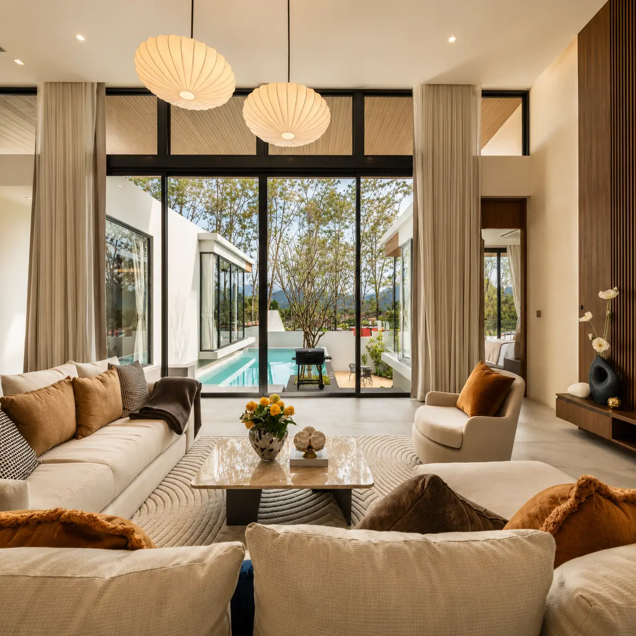 Double-height living room opening to the pool