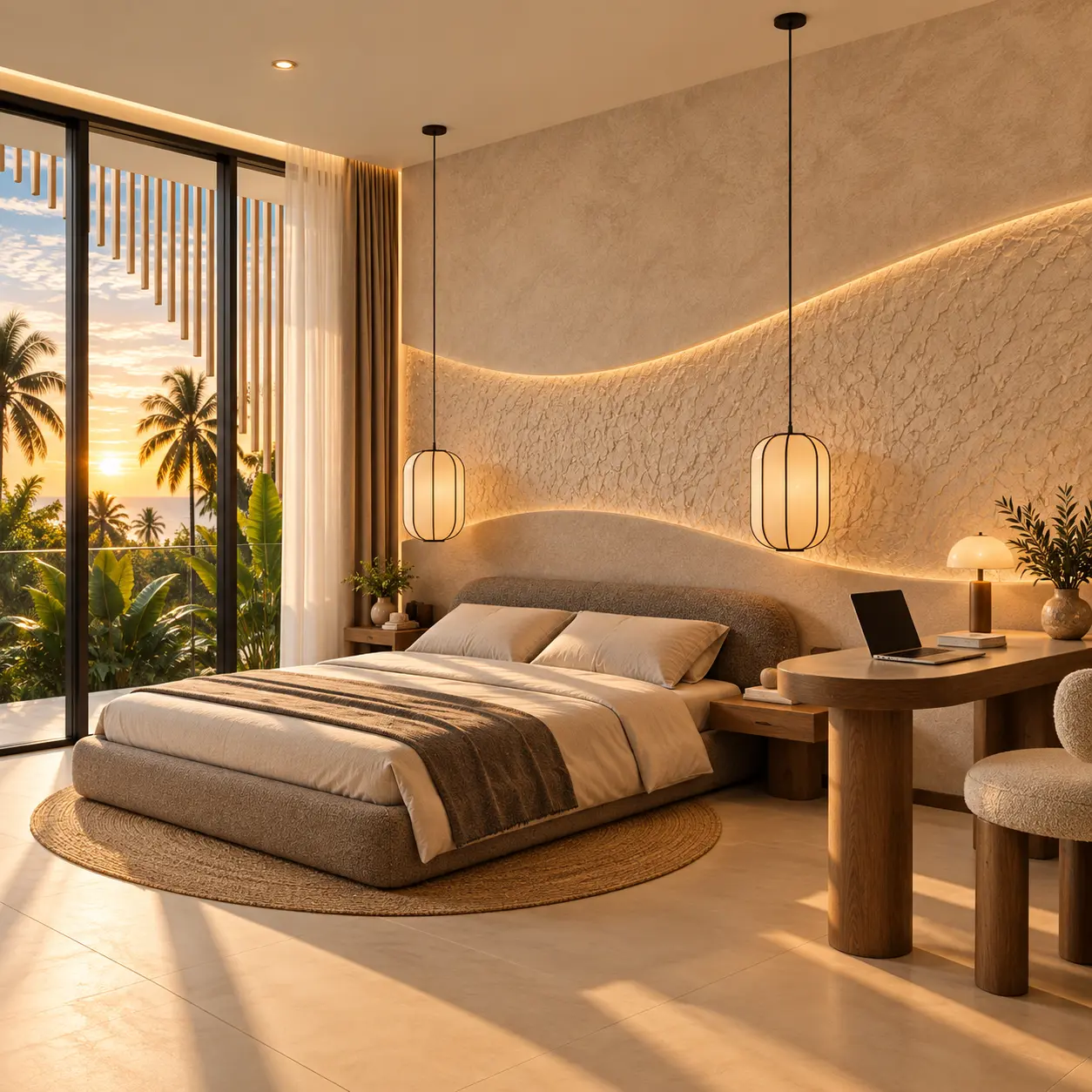 Bedroom with garden and palm outlook at Rise Villas Phuket