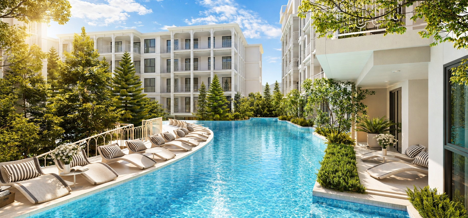 Lagoon-style swimming pool and landscaped residences at The Title Biancana Phuket