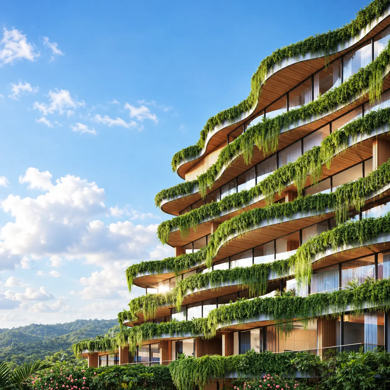 Curved green terraces on the Layan Verde residence in Phuket