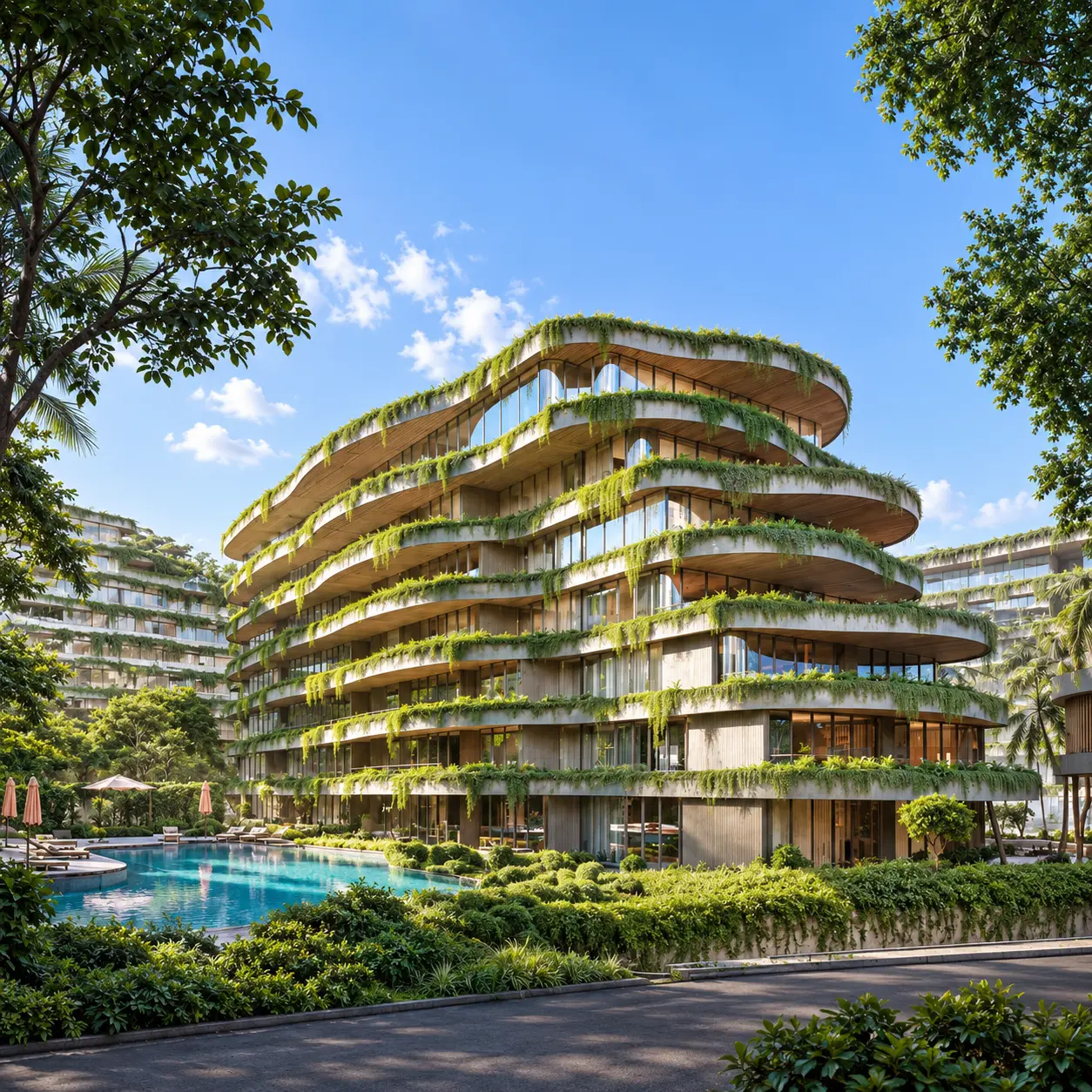 Layan Verde planted low-rise residential building beside a swimming pool