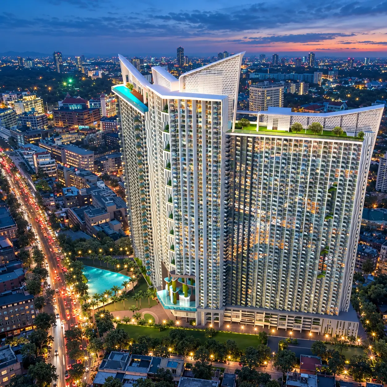 Copacabana Coral Reef tower and elevated pools at dusk, architectural rendering