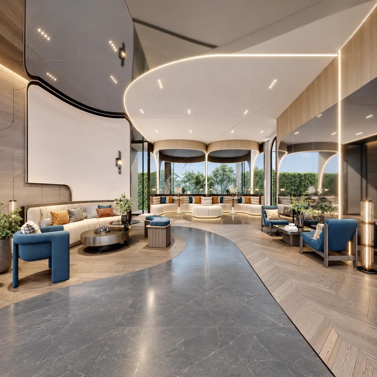 Curved seating and resident lobby at Life JJ Interchange, architectural rendering