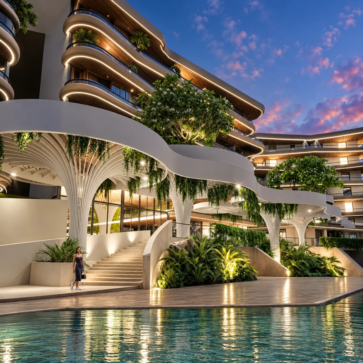 Evening arrival plaza with sculpted canopies and illuminated terraces at Dandara