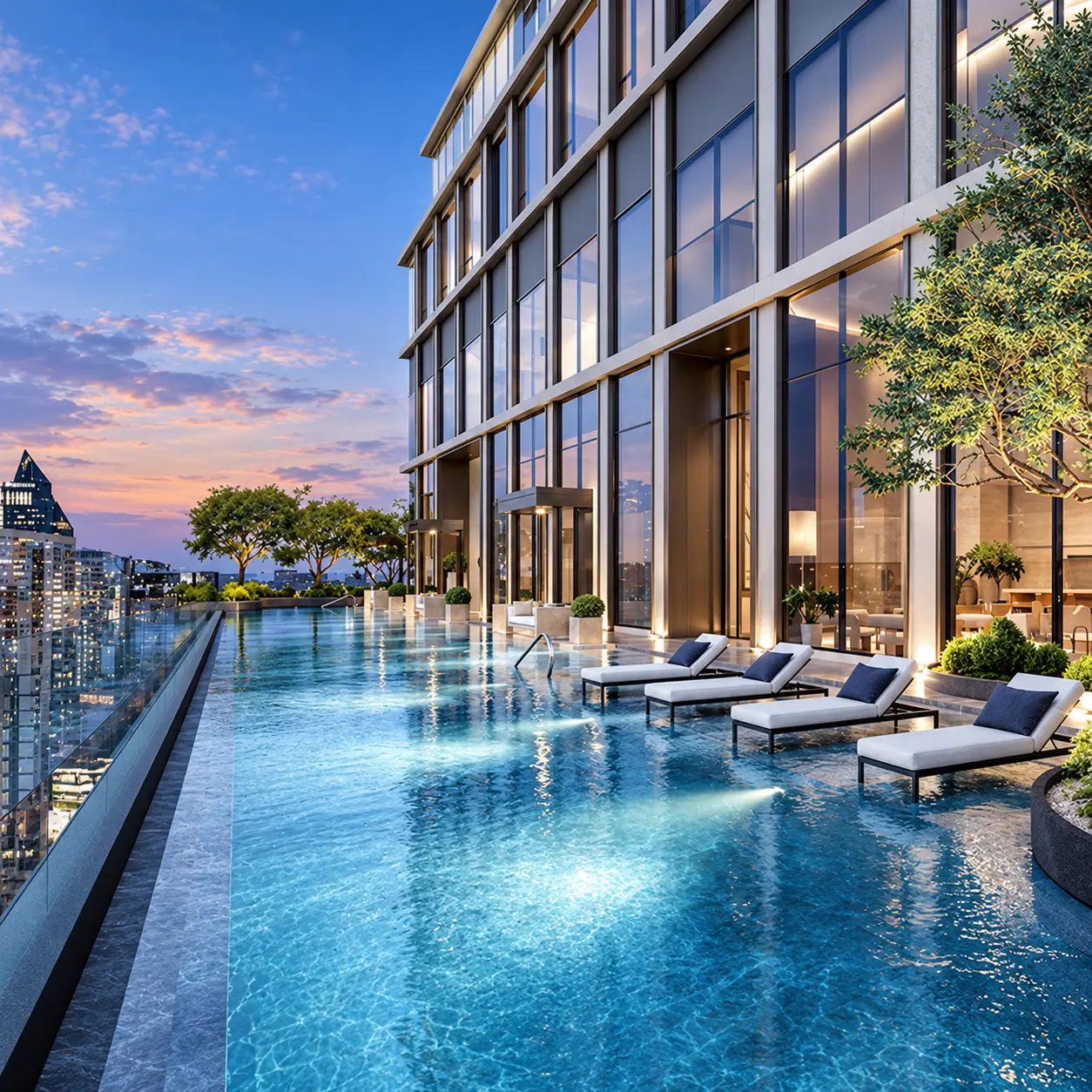 STILL Sukhumvit 20 STILL Pool with loungers and city views at sunset, architectural rendering