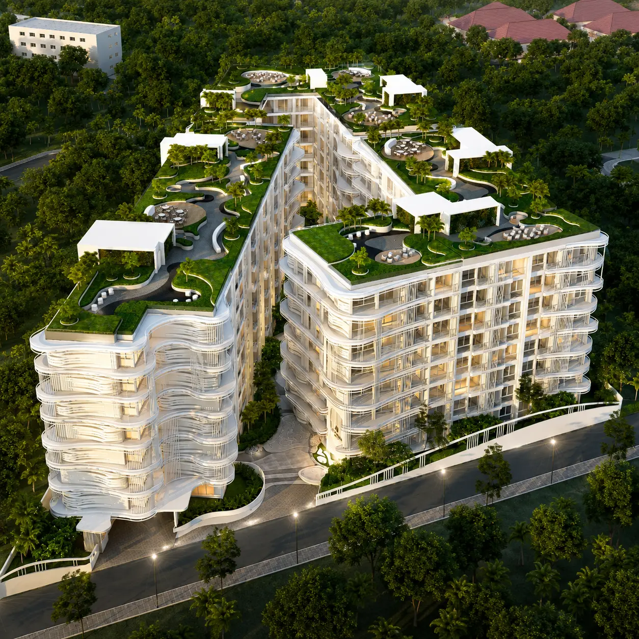 Aerial view of The Coral Pattaya with rooftop sky gardens