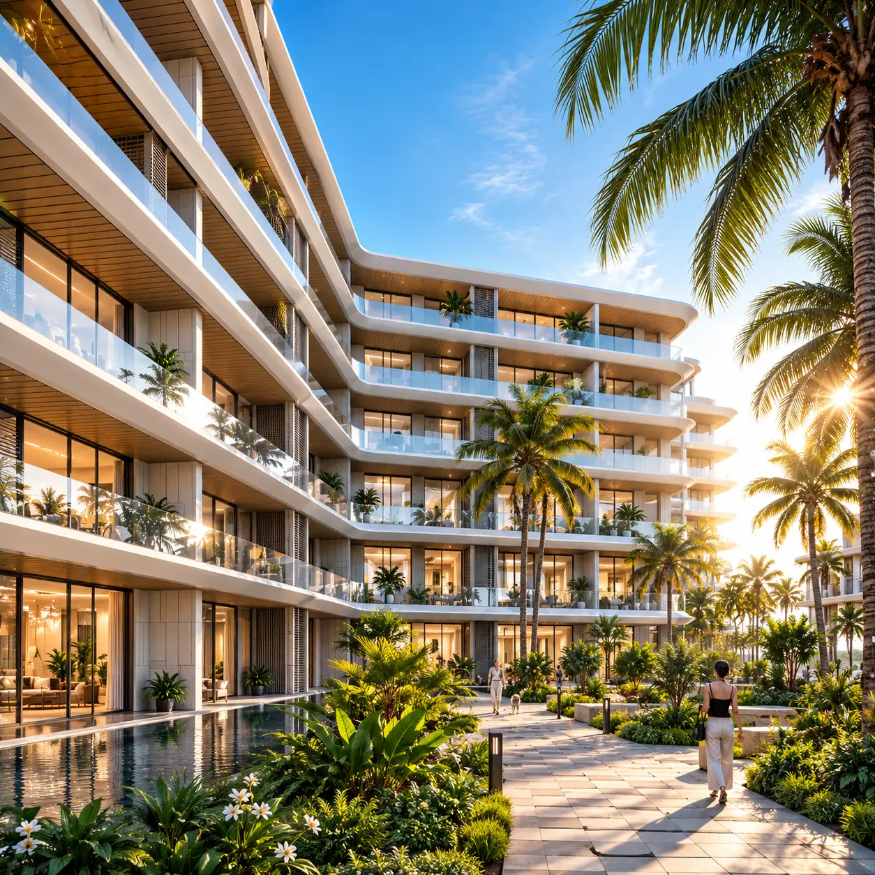 Curved white facade and garden walkway at AYANA Heights Seaview Residence
