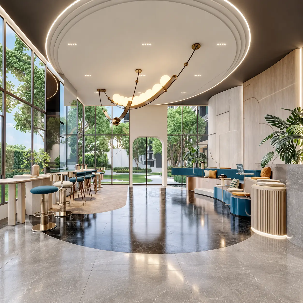 Garden-facing shared lounge at Life JJ Interchange, architectural rendering