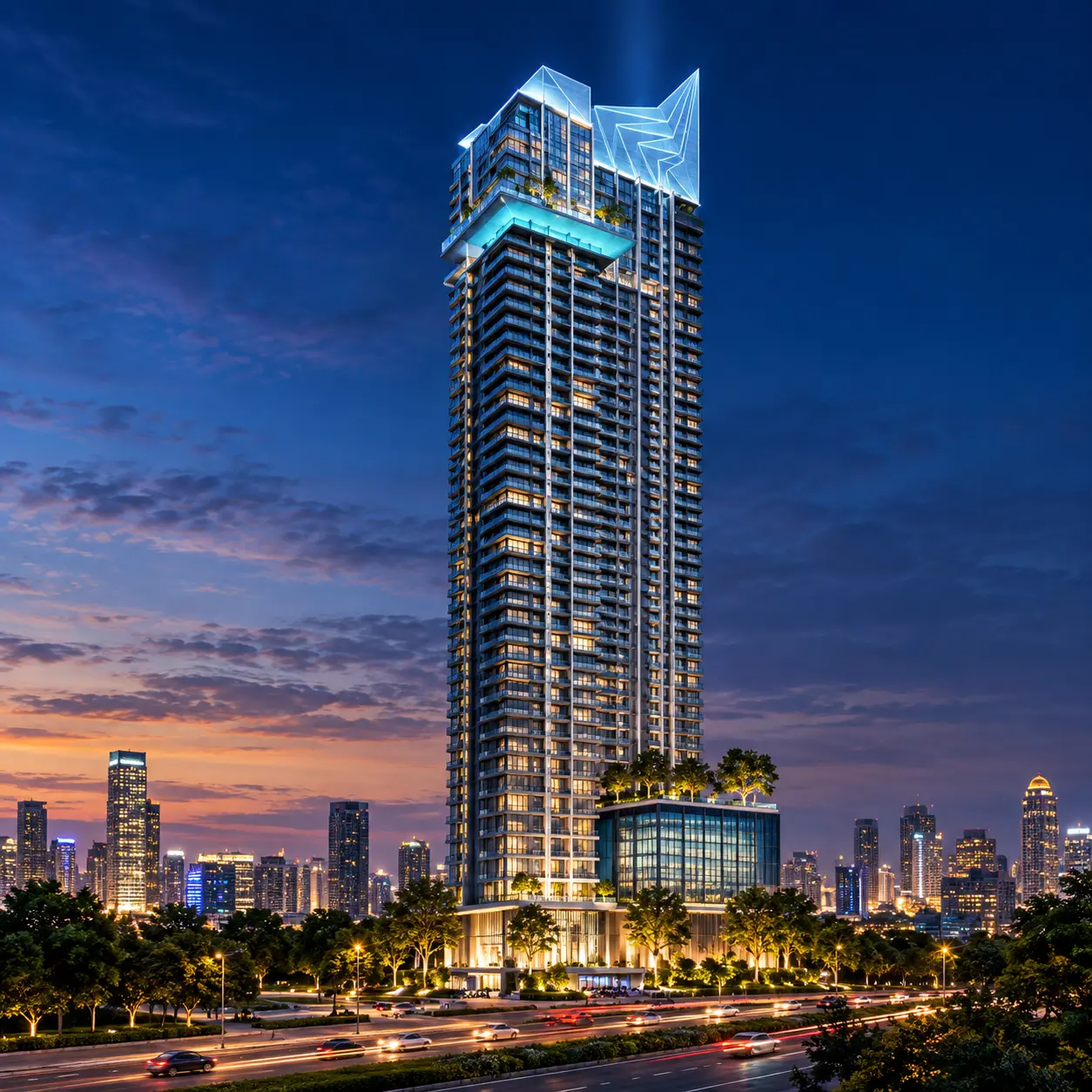 Full-height exterior view of Sapphire Condominium Rama 3 at dusk