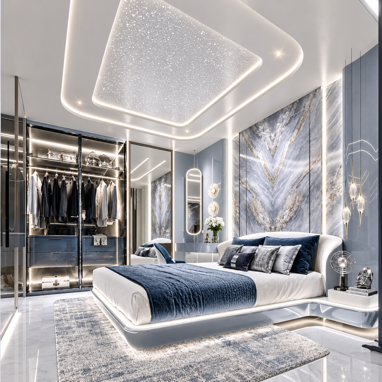 Contemporary blue and marble bedroom at Embassy World