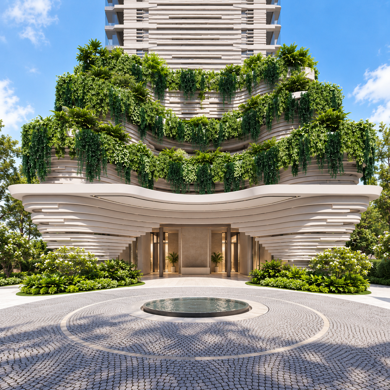 Soondri Wongamat grand entrance with cascading greenery and fountain court