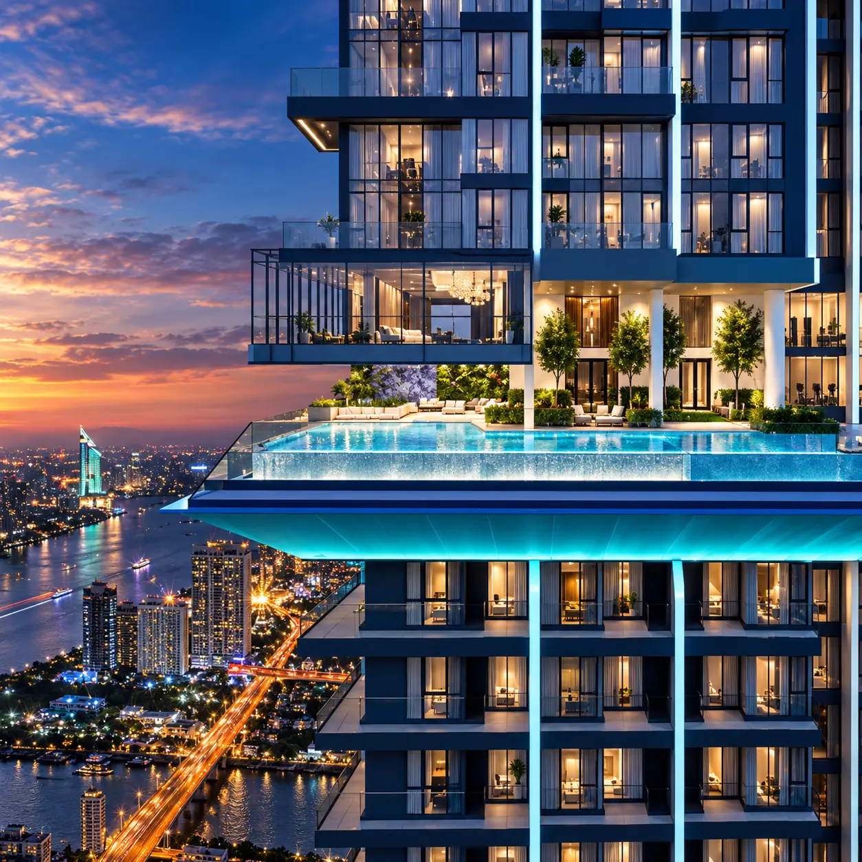 Sapphire elevated swimming pool and illuminated tower facade