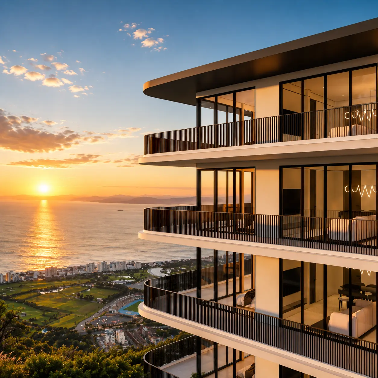 Curved residence balconies with coastal sunset views at Ever Prime