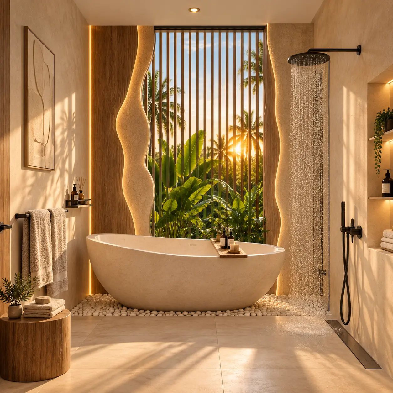 Freestanding stone bath with tropical garden view at Rise Villas