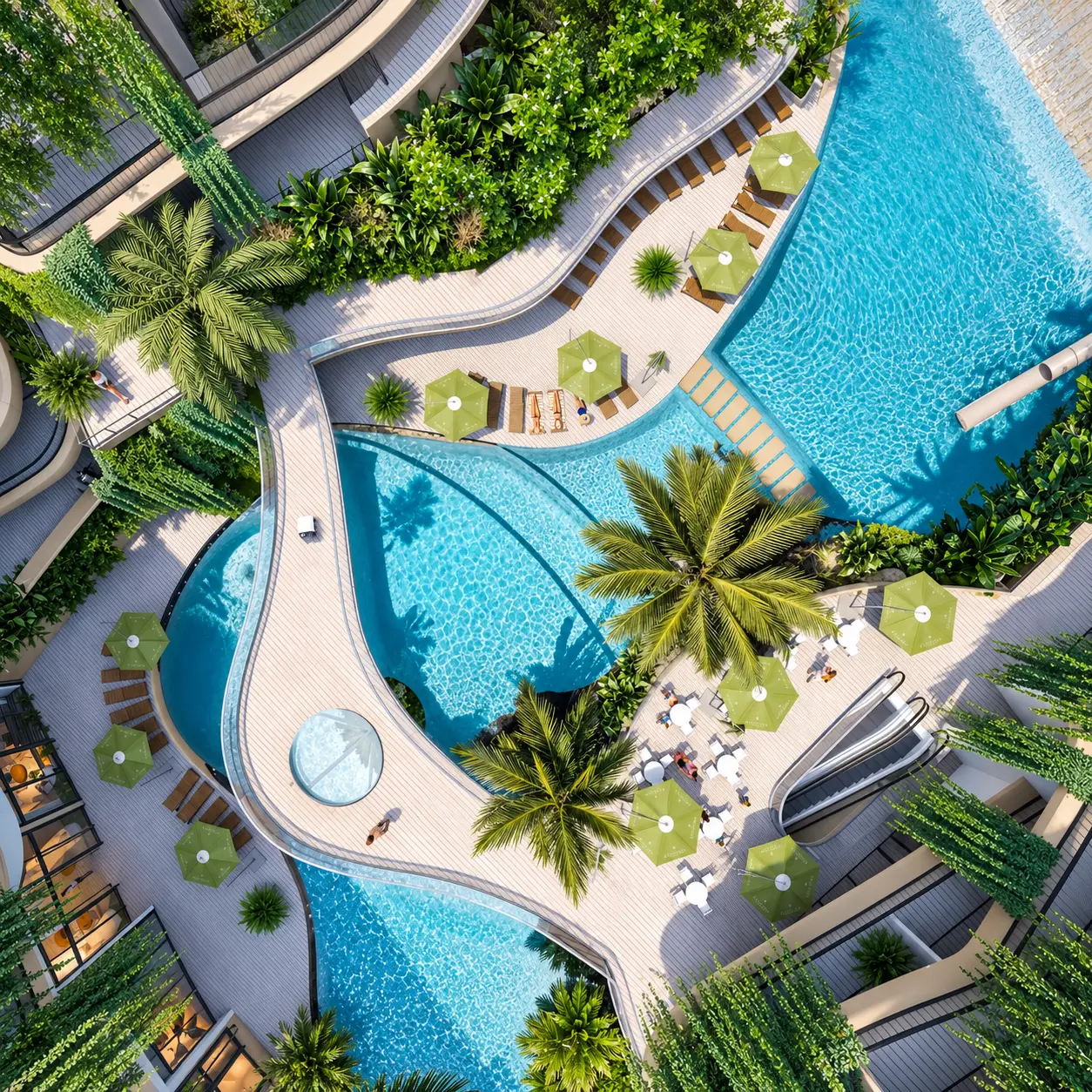 Aerial view of the winding lagoon pools across the Dandara masterplan
