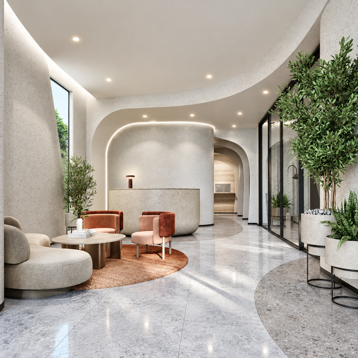 Reference Kaset District lobby and curved reception desk, architectural rendering