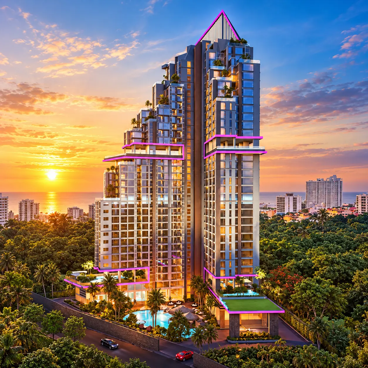 Sea-facing view of The Riviera Santa Monica high-rise in Pattaya