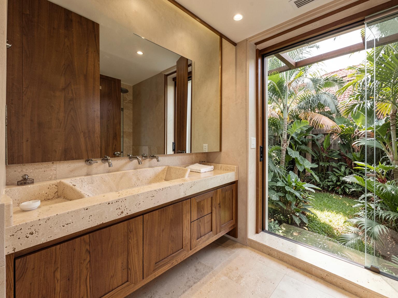 Stone basin bathroom with tropical garden view