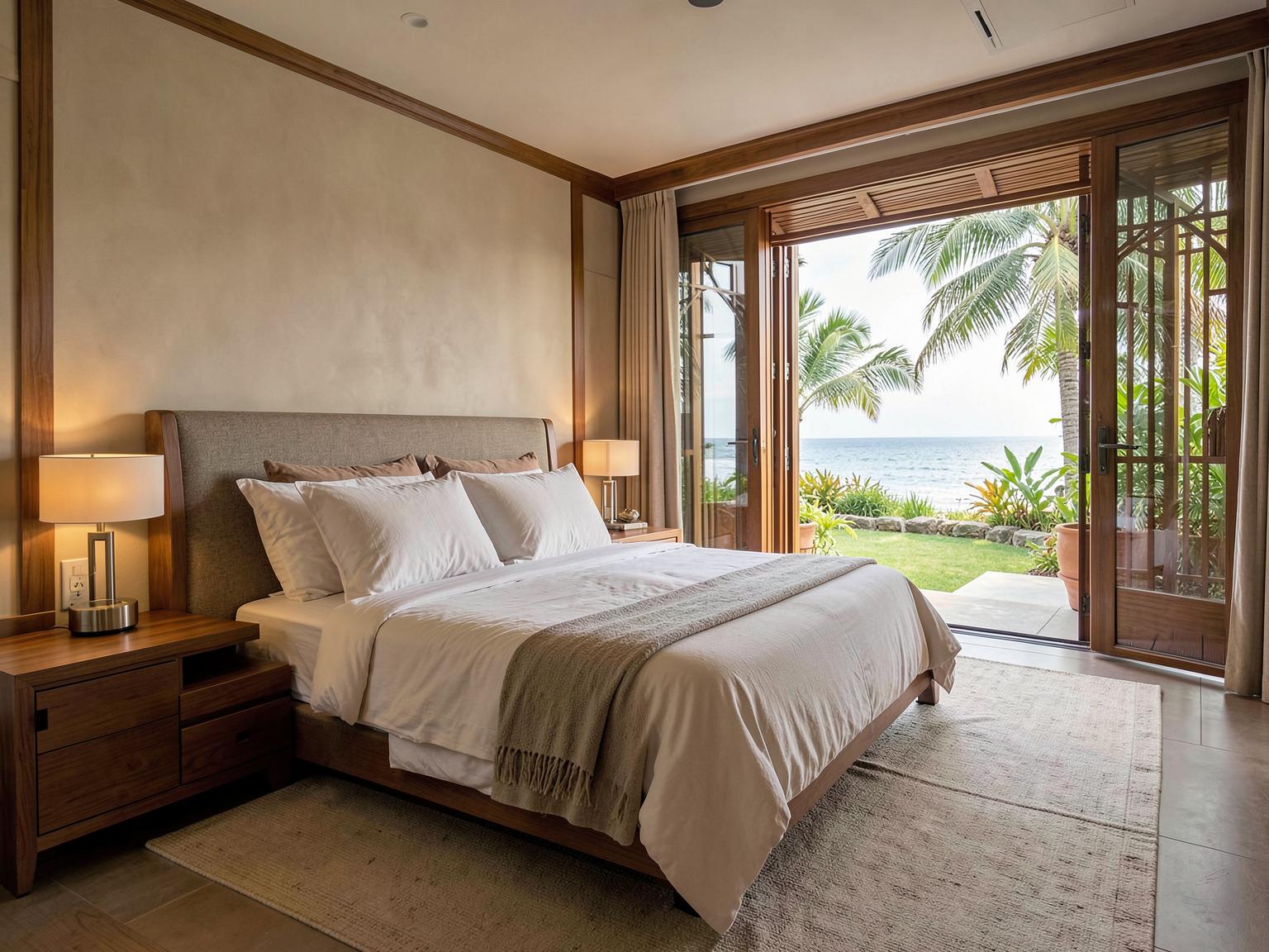 Minimal bedroom with sea view through open teak doors