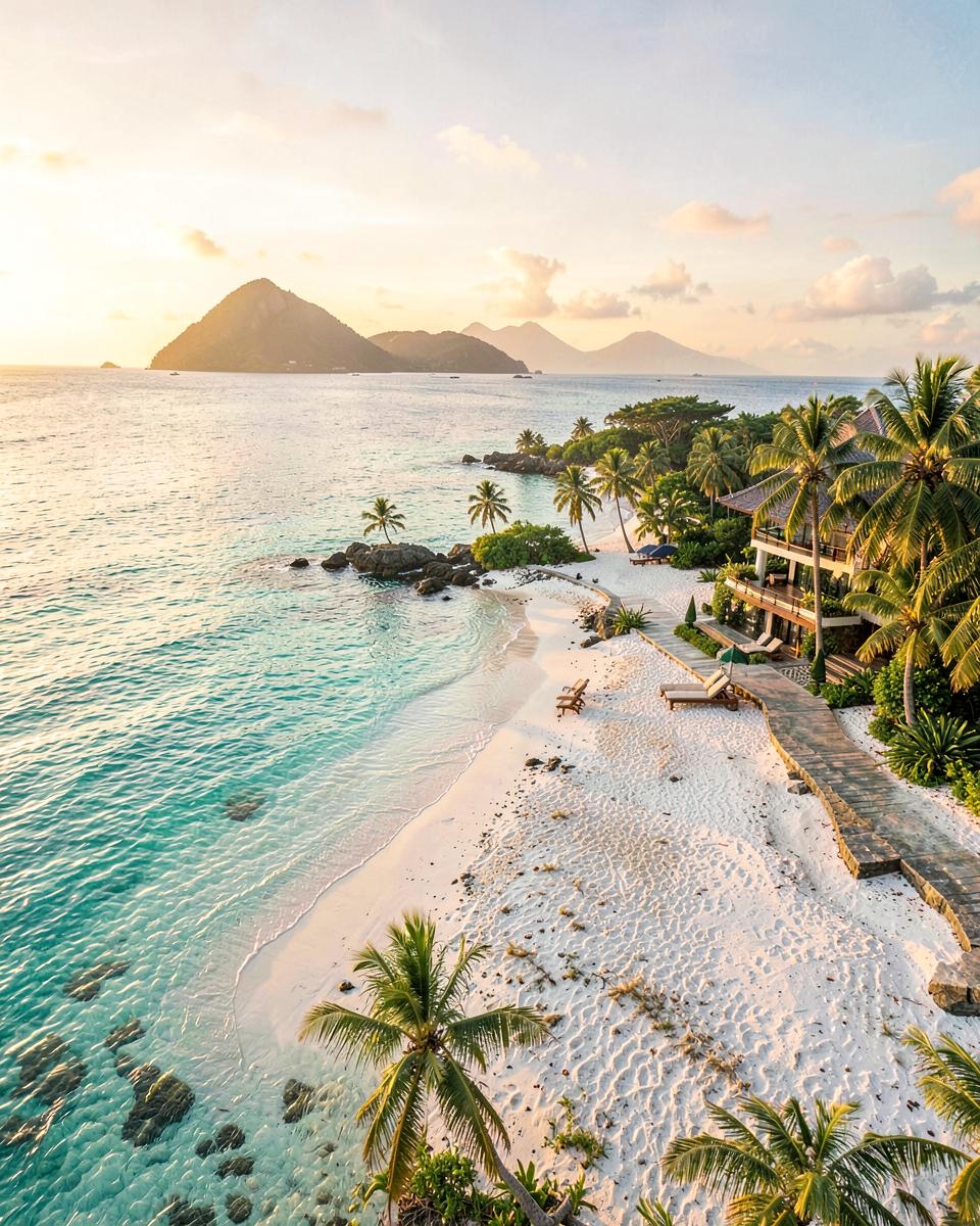Koh Samui bay with white sand, palms and a luxury villa