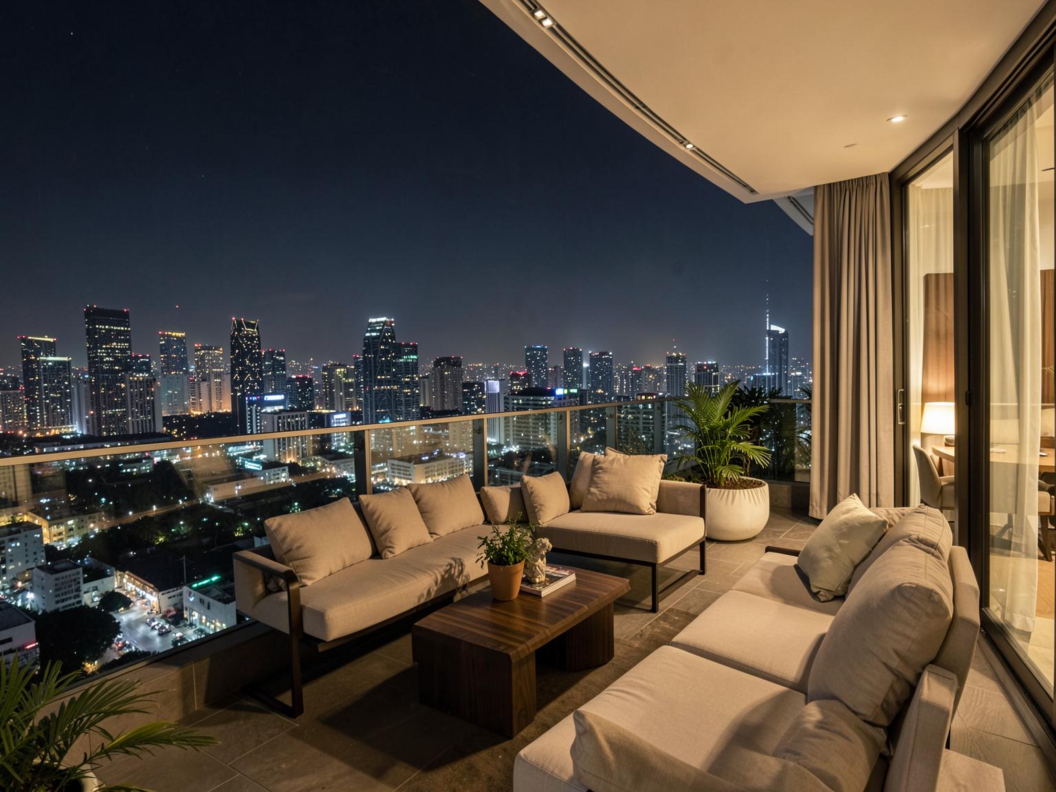 Terrace of Aurum Sky Residences overlooking the Bangkok skyline at night
