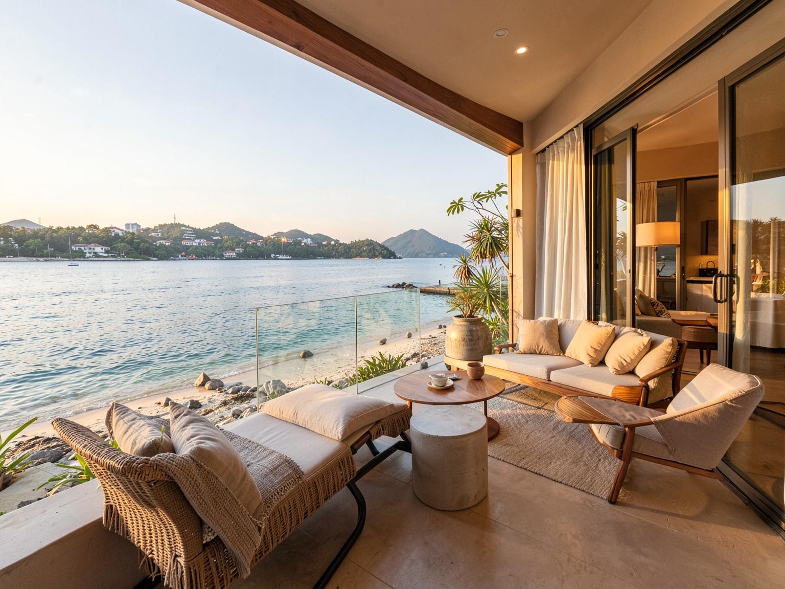 Beachfront terrace at Azure Shoreline overlooking a quiet bay in Pattaya