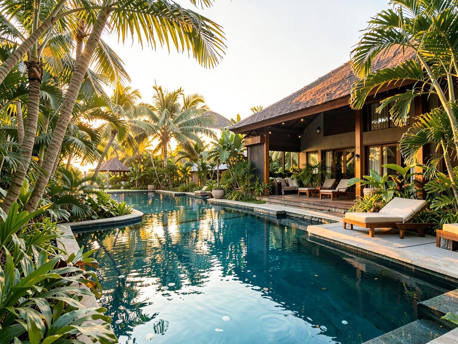 Private pool villa at Meridian Bay framed by palms at golden hour, Koh Samui