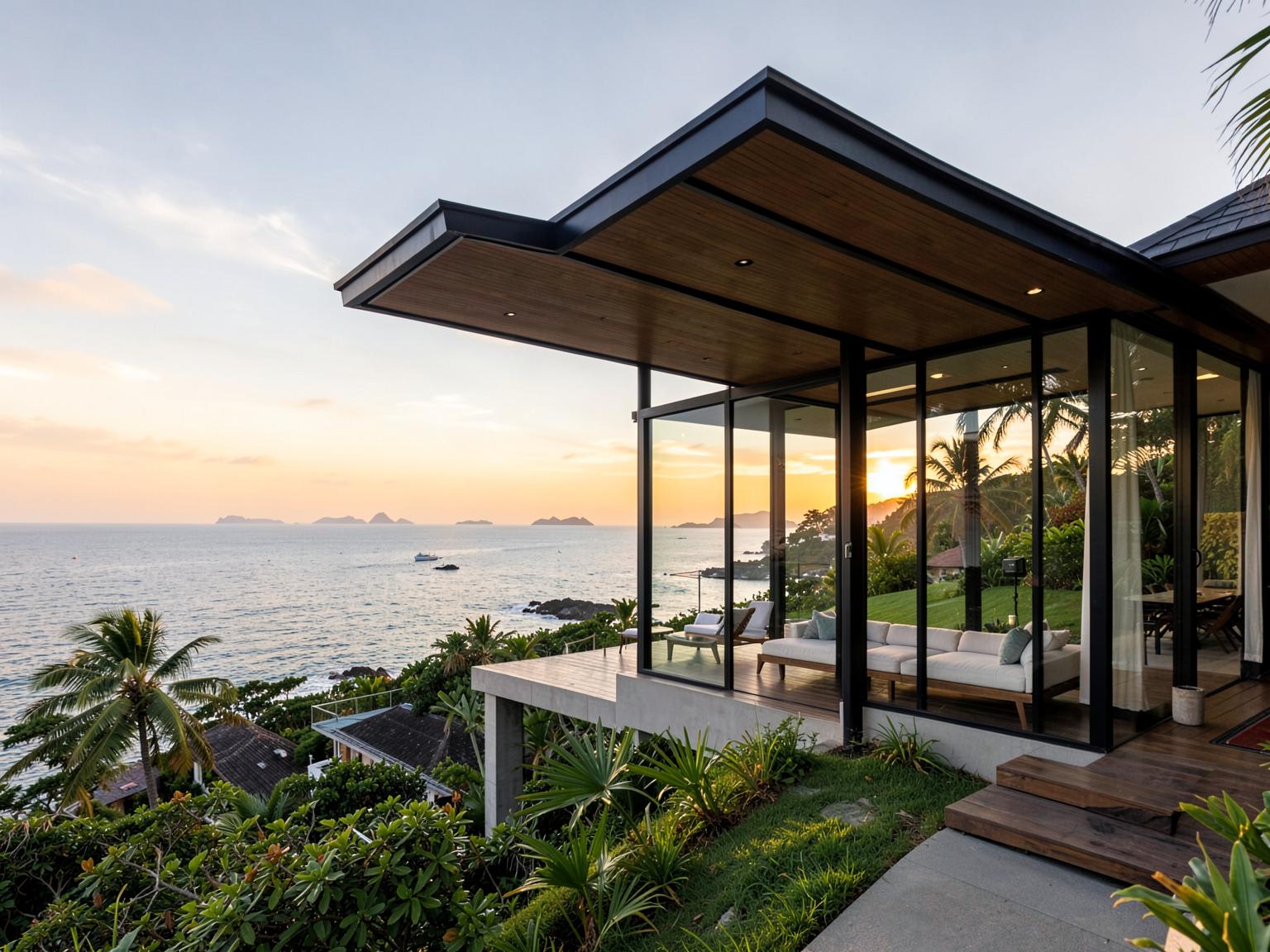 Sundara Cliff Villas with cantilevered roof and sunset sea view, Cape Yamu Phuket